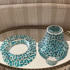 Teal Mosaic Glass Candle Topper & Plate Set.